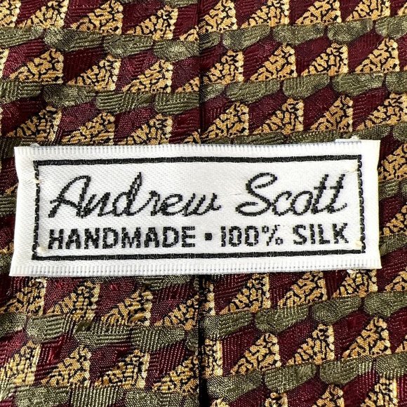 Andrew Scott Mens Tie 4 x 60 Long Geometric Gold Red Handmade 100% Silk EUC - Picture 3 of 7